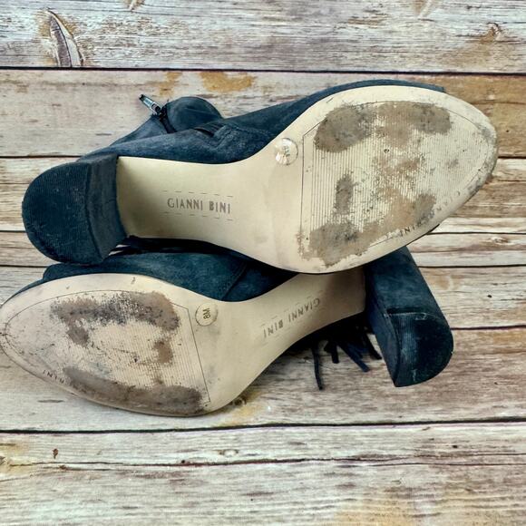 Gianni Bini Womens Gray Suede Leather Open Toe Fringes Block Heel Booties 8M - Picture 6 of 9